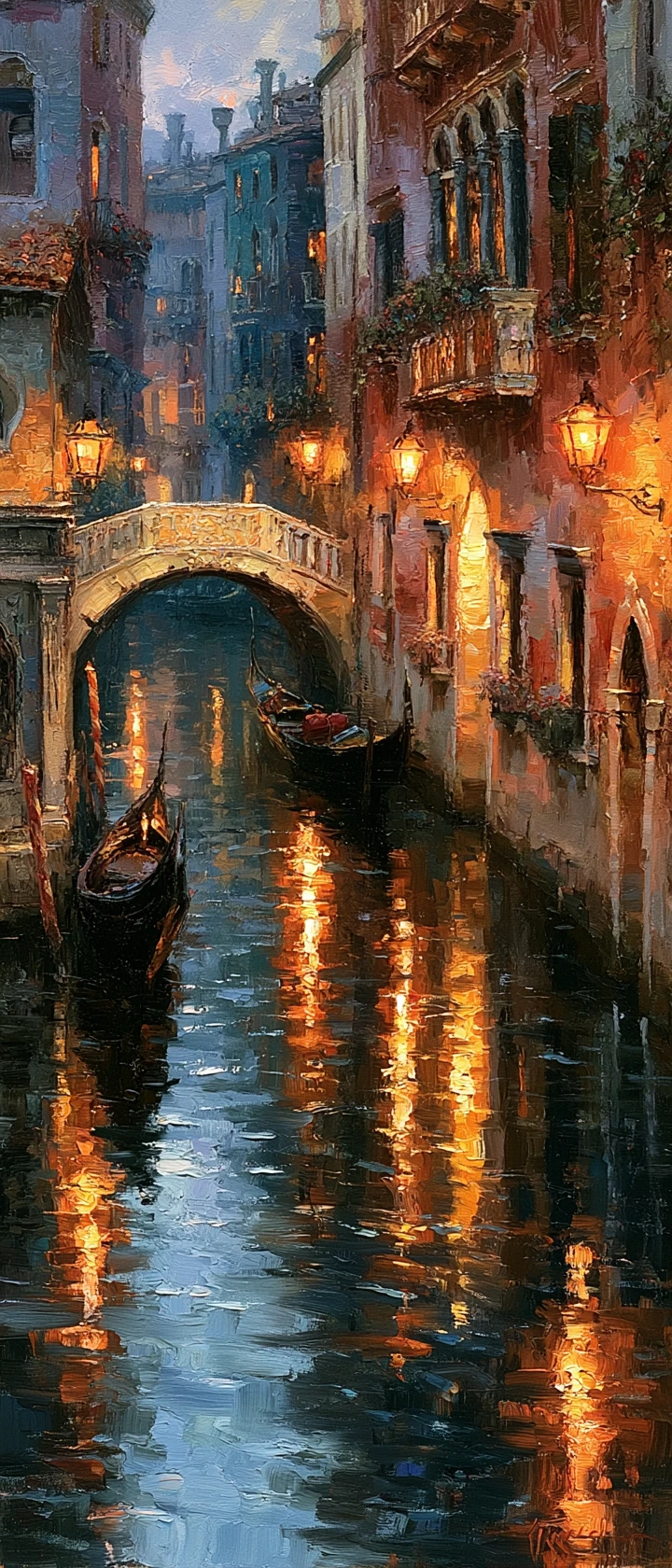 Romantic Venetian canal at twilight with glowing lanterns