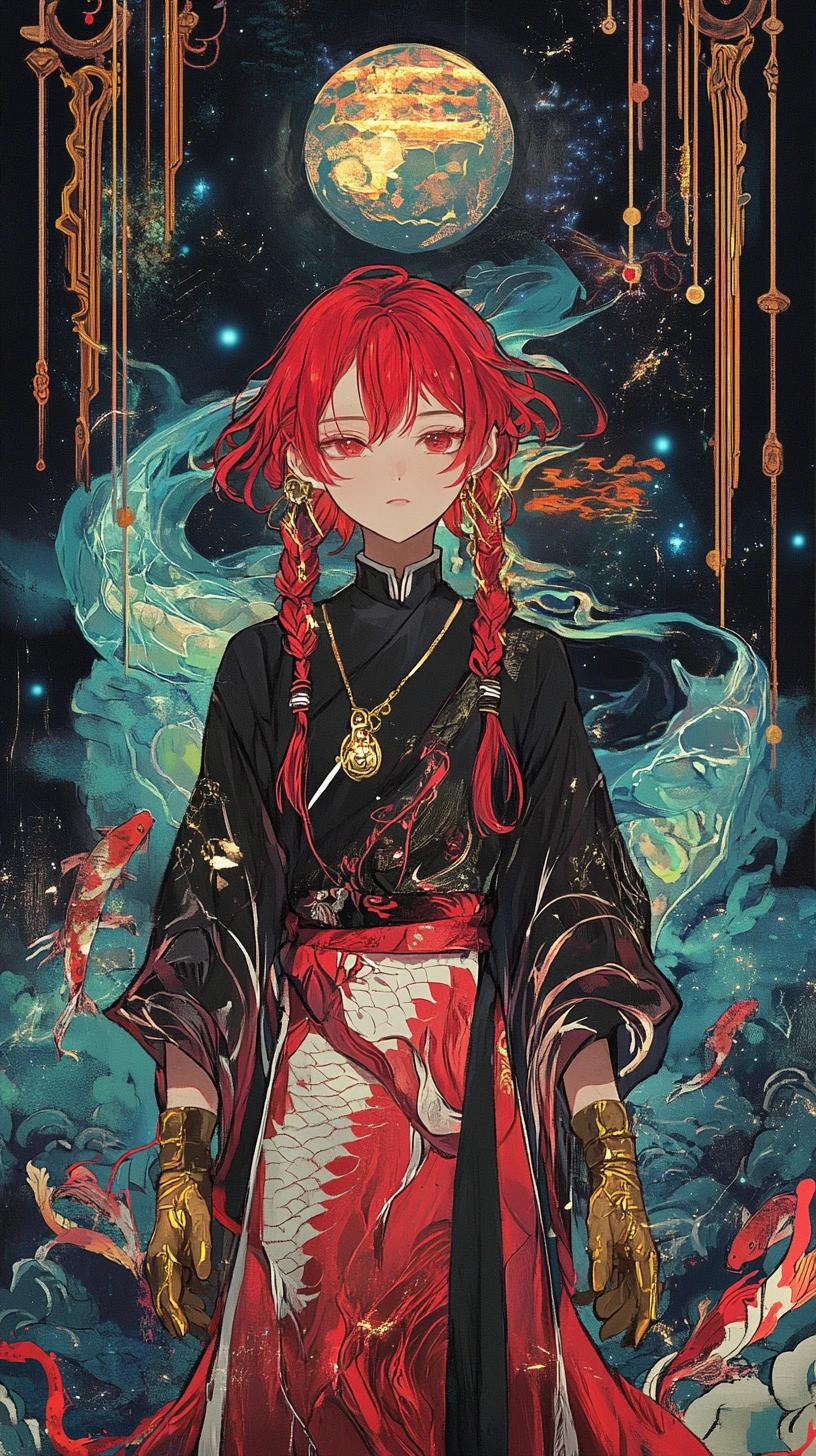 Anime-Mädchen in detailliertem rot-schwarzen futuristischen Outfit