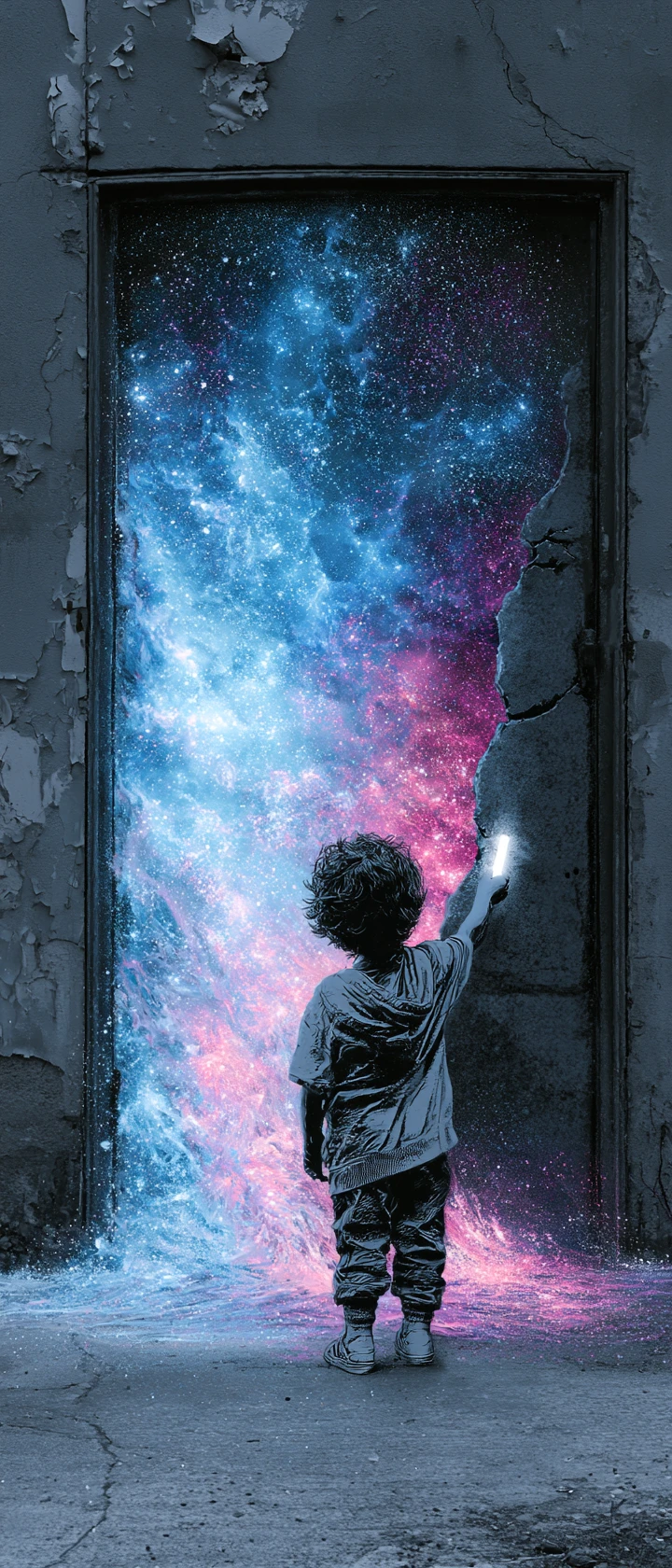 Anime child drawing a glowing doorway on urban wall