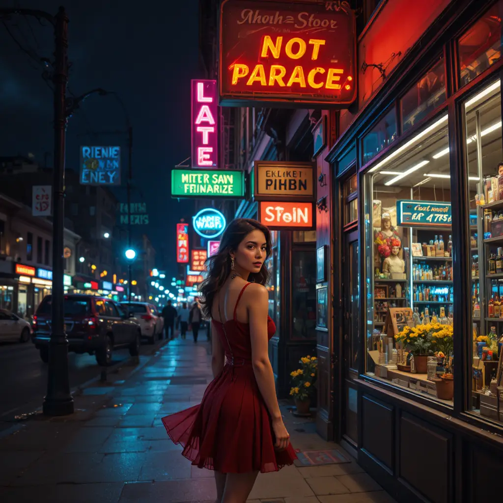 Girl under neon signs on a vibrant city street