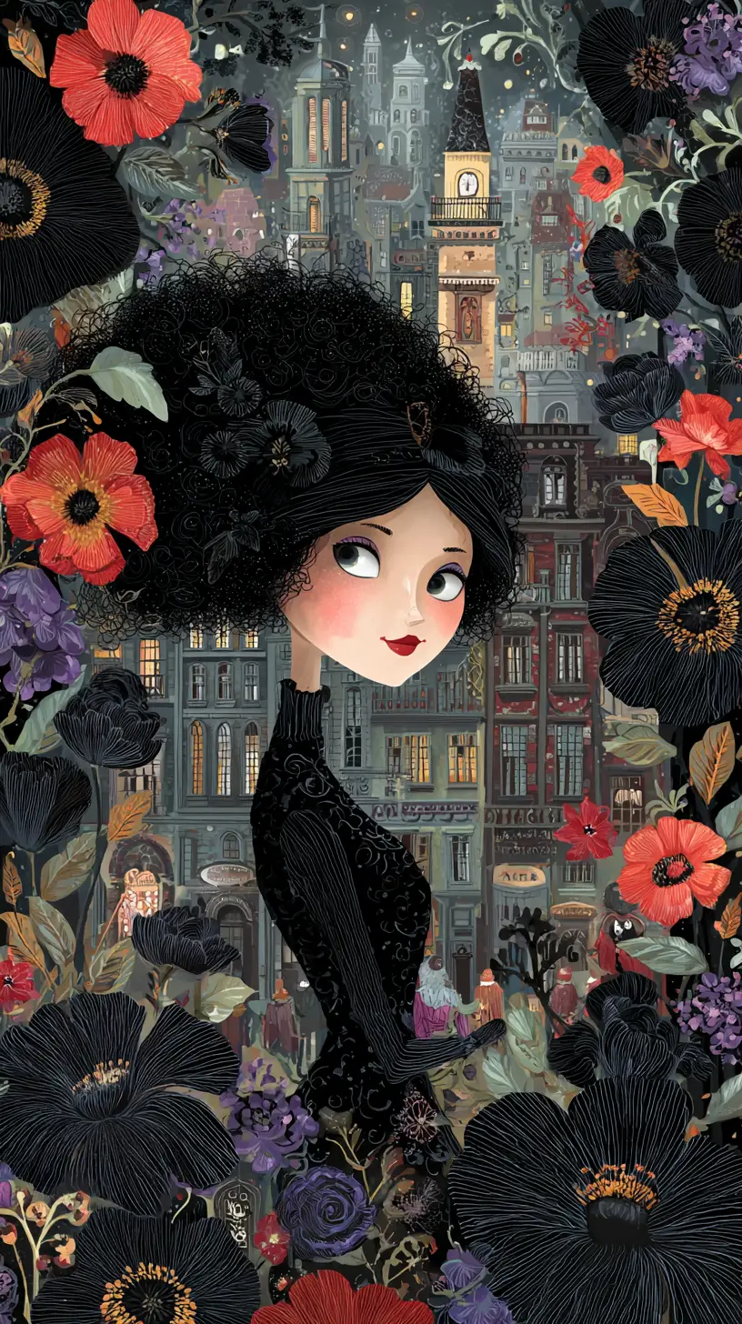 Smiling gothic woman in black with flowers in old town
