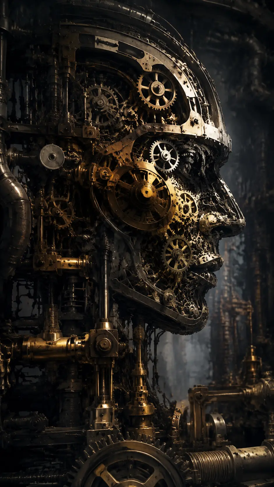 Surreal mechanical face formed from vast vintage machinery