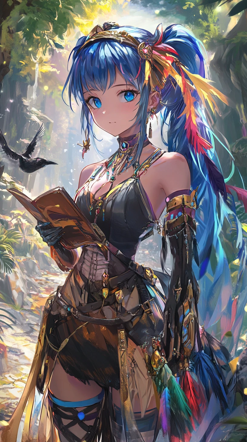 Chica de anime de cabello azul con atuendo futurista y libro