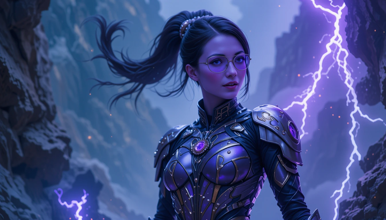 Guerreira de pele violeta em um mundo sci‑fi distante