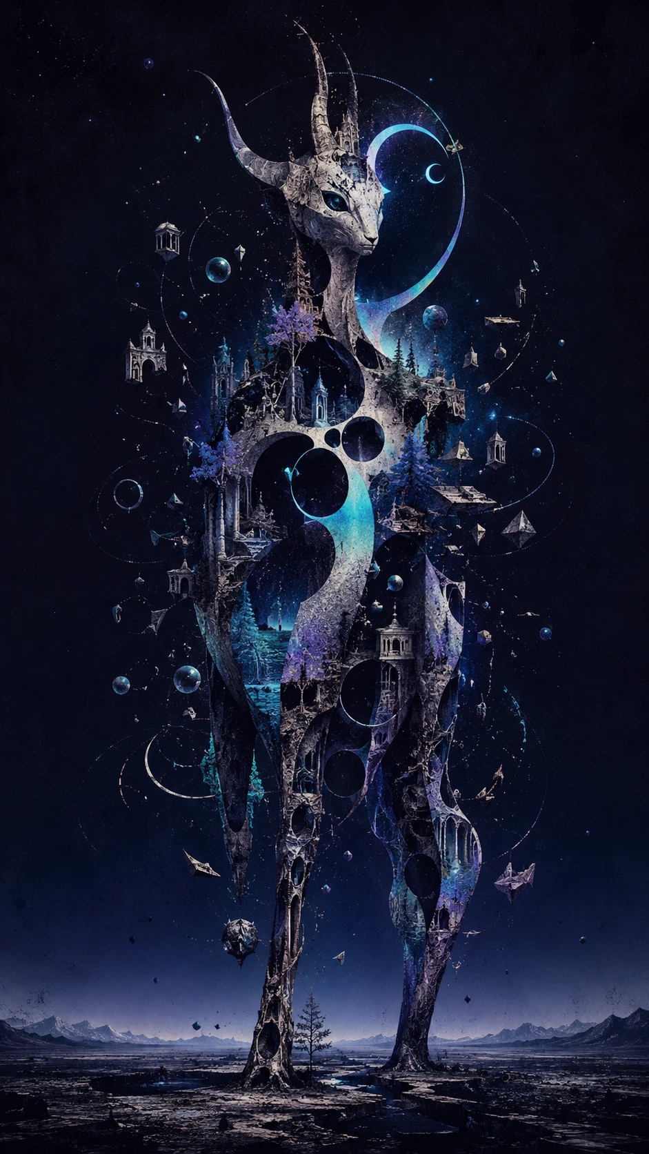 Elegant surreal creature built from fragments of vanished reality