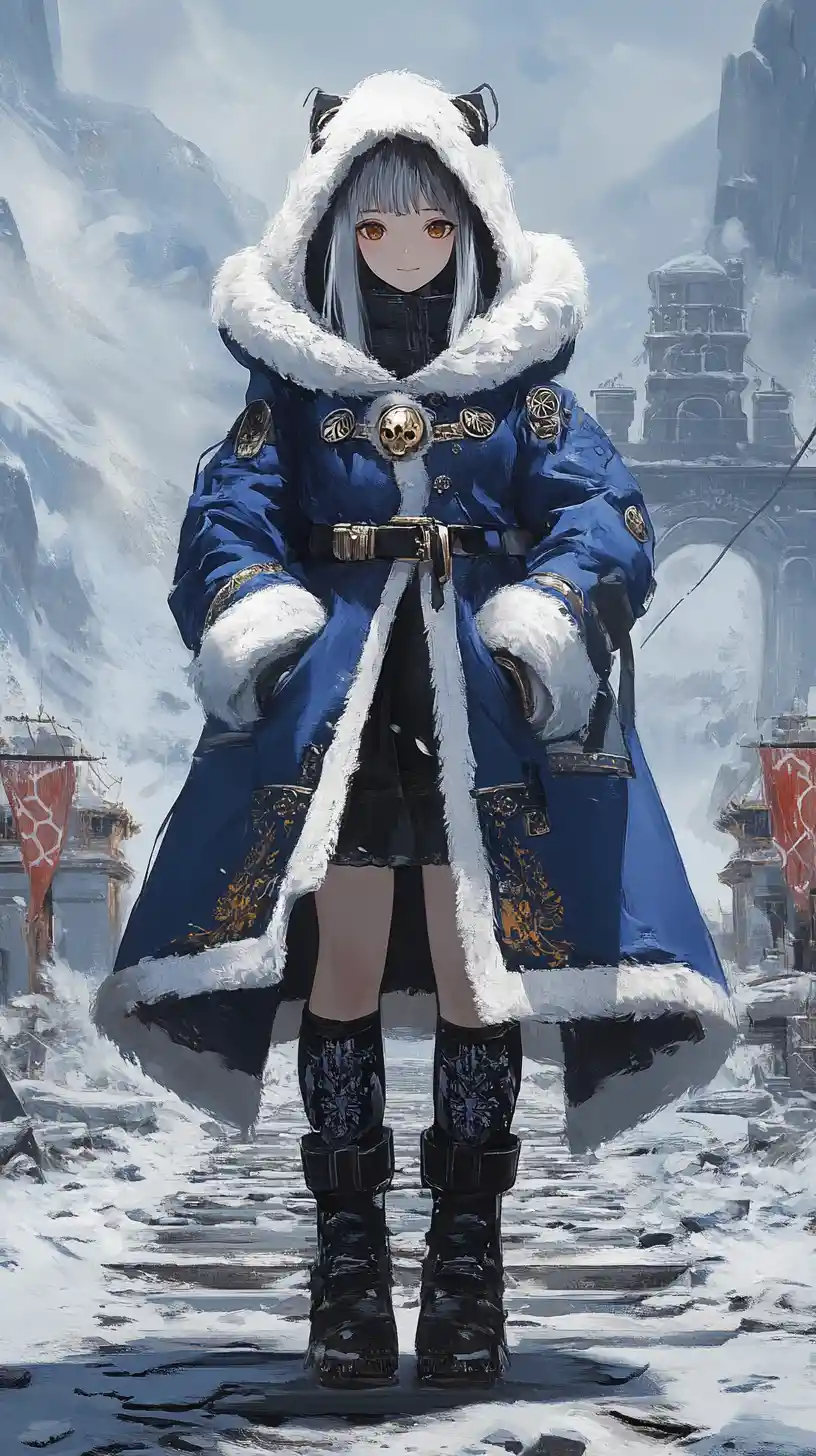 Anime girl in blue coat walking toward ancient temple