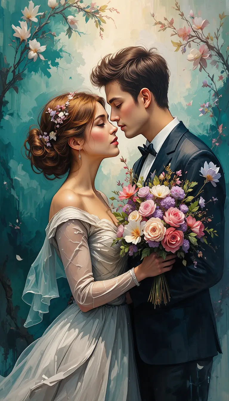 Red haired woman receiving flowers from a loving man