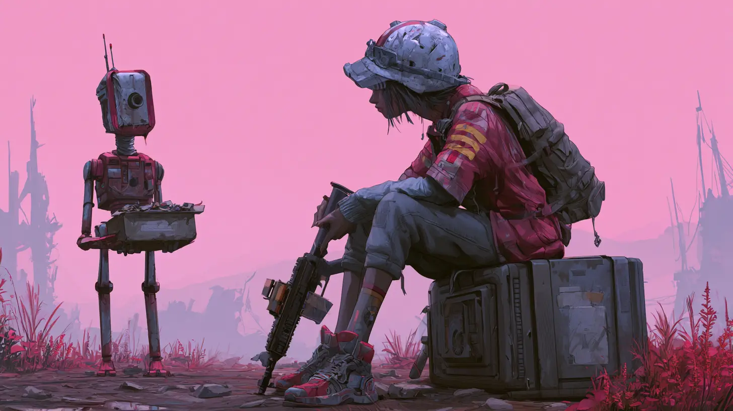 Armed woman and droid scavenging a post apocalyptic wasteland
