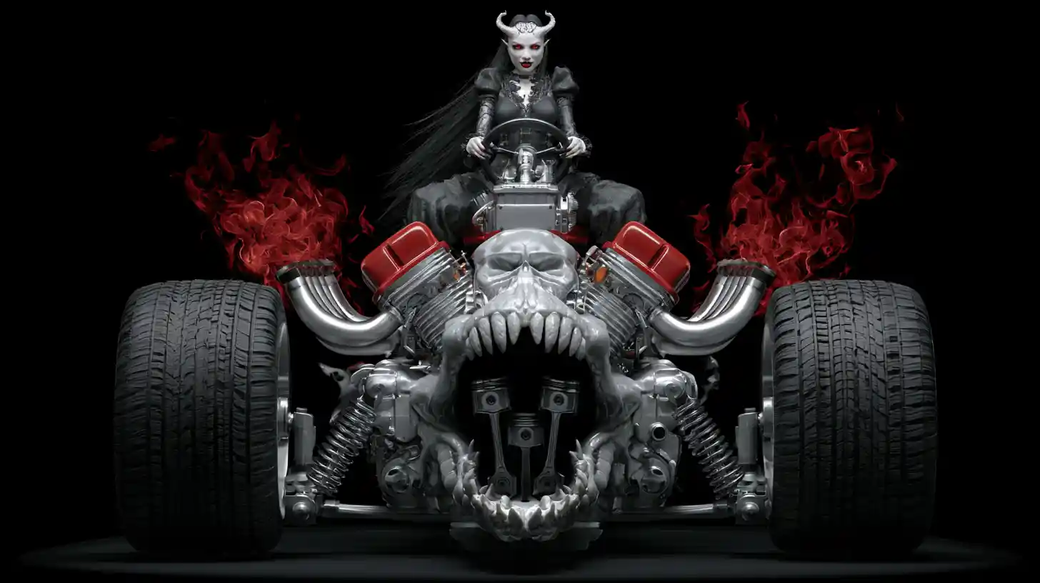 Demonic V8 engine with monstrous maw and flames