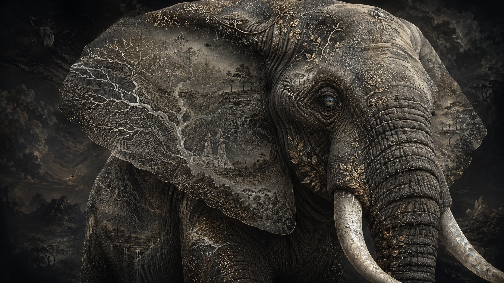 Surreal portrait of an African elephant as living geological archive