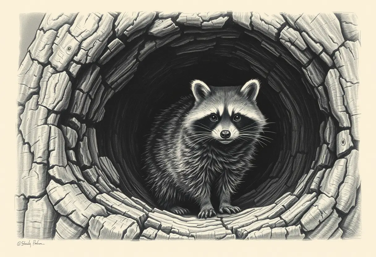 Curious raccoon inside an ancient hollow tree etching print