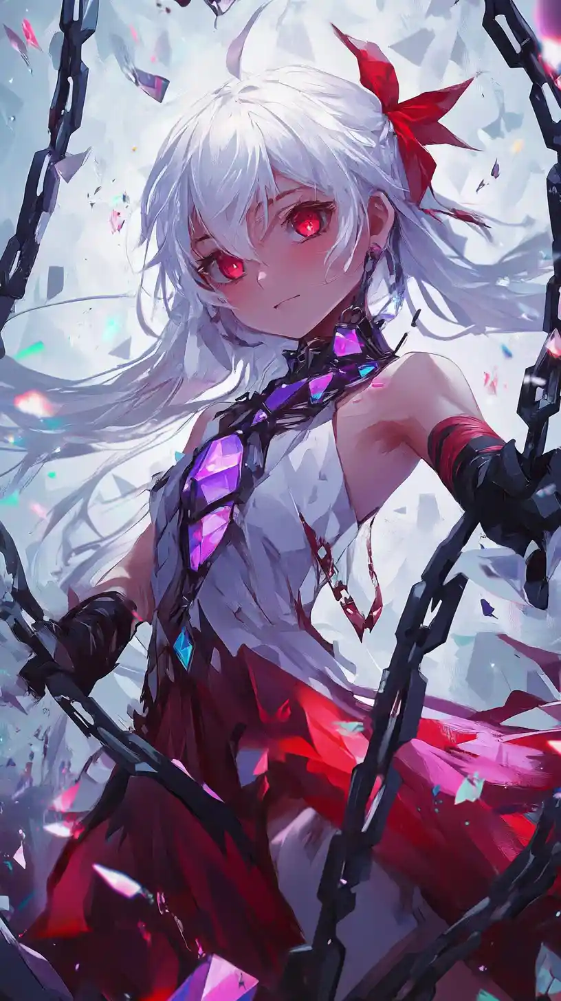 Ragazza anime con braccio di cristallo che brandisce una spada di cristallo oscuro