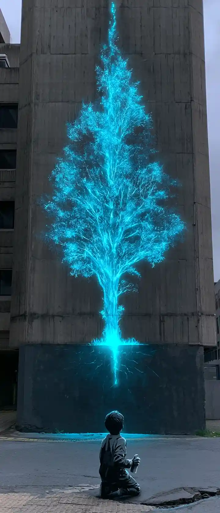 Ragazza anime evoca murale di albero al neon sul muro della città