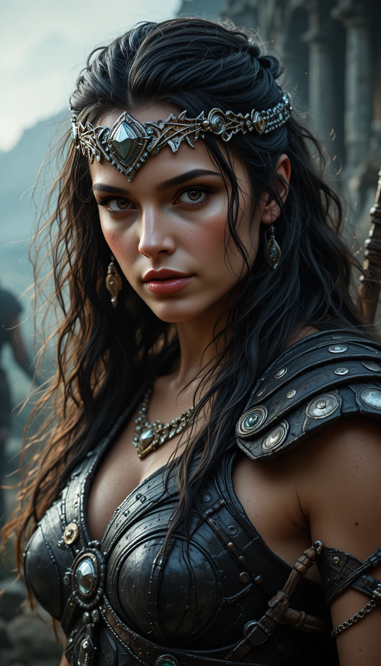 Warrior princess standing before a vast medieval fantasy landscape
