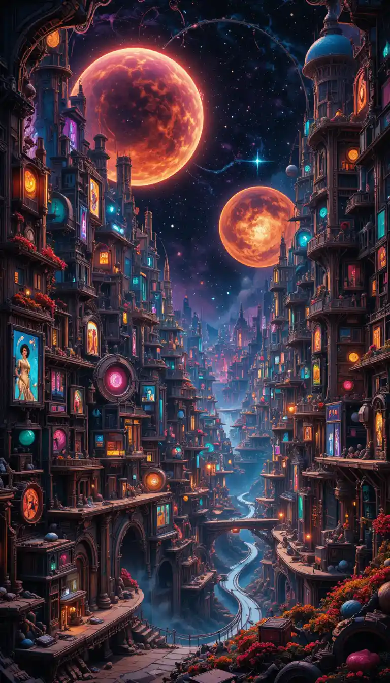Vivace città steampunk con ingranaggi al neon nei cieli cosmici