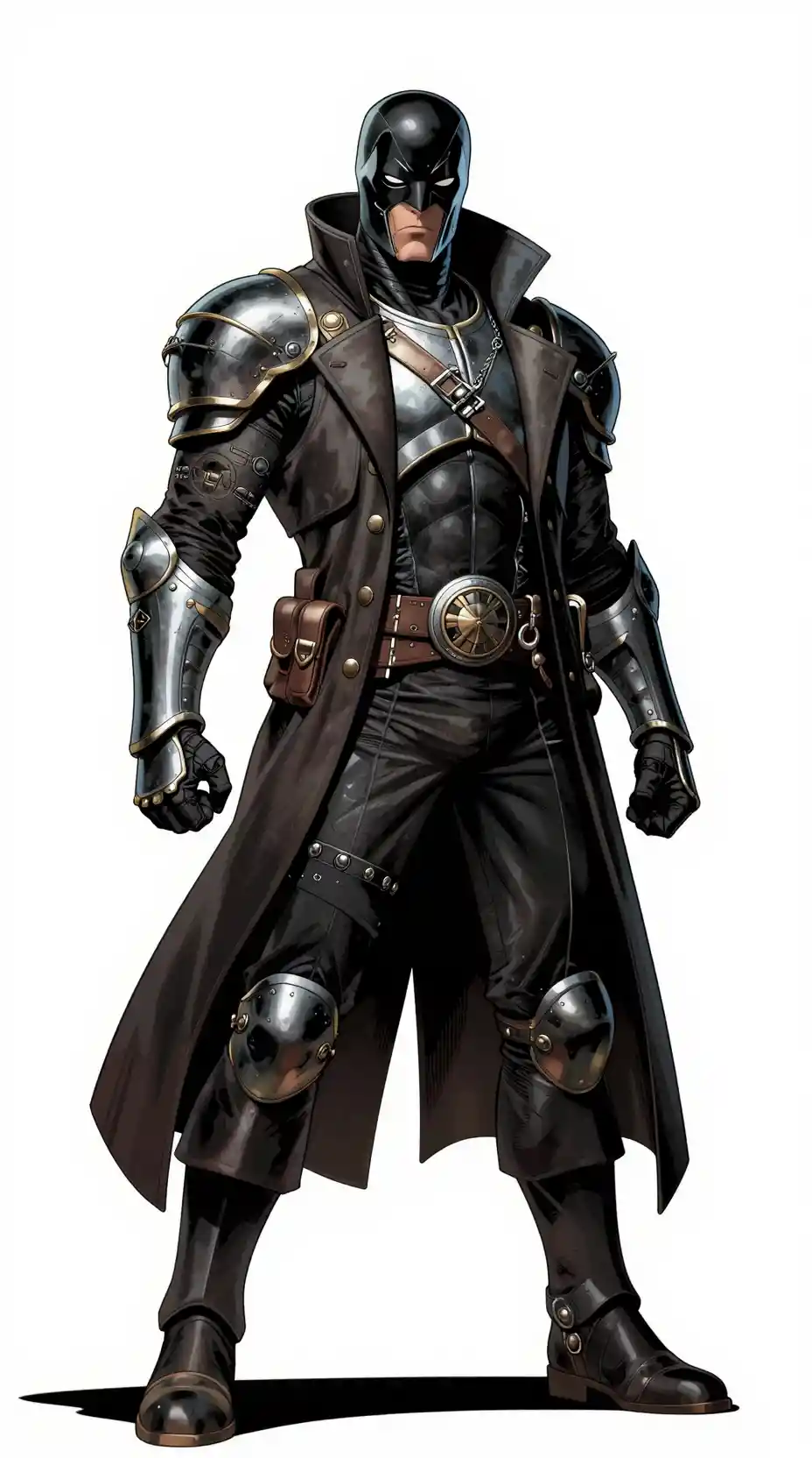 Masked space pirate in futuristic armor on white background