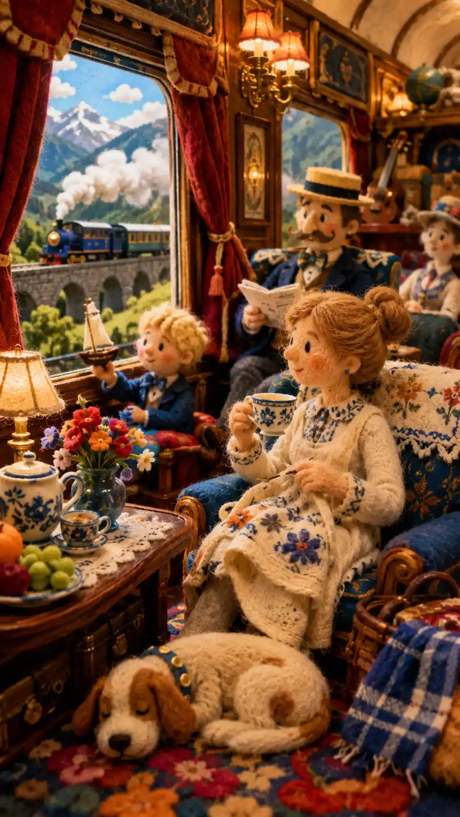 Verspieltes Orient-Express-Zuginnere im Filzkunst-Stil