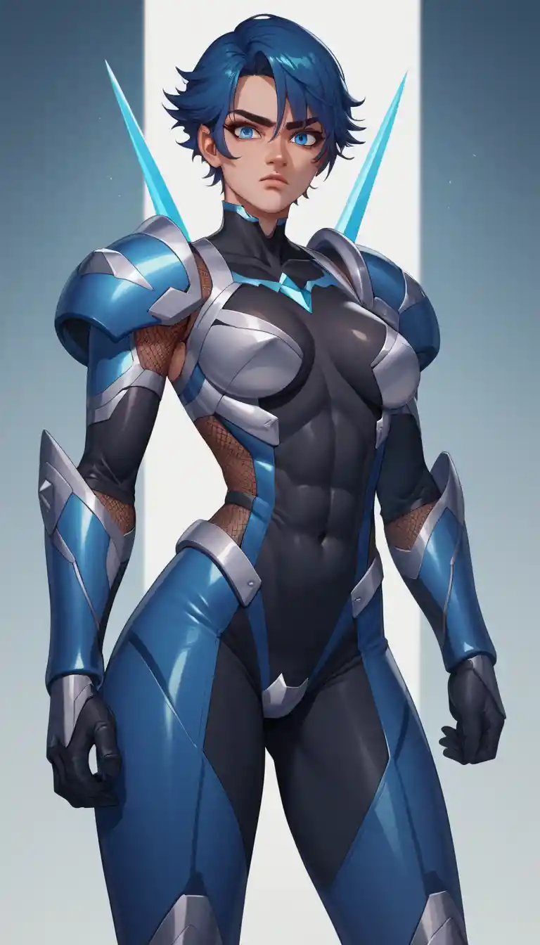 Anime warrior heroine with wild dark blue hair in armor