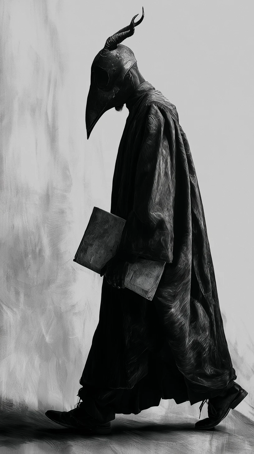 Dark pastor figure walking through a troubled church