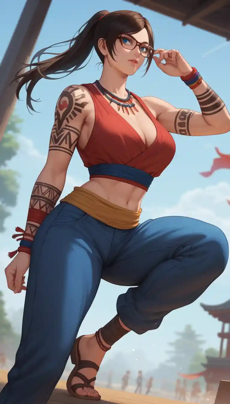 Anime ninja woman poised to strike in battle arena