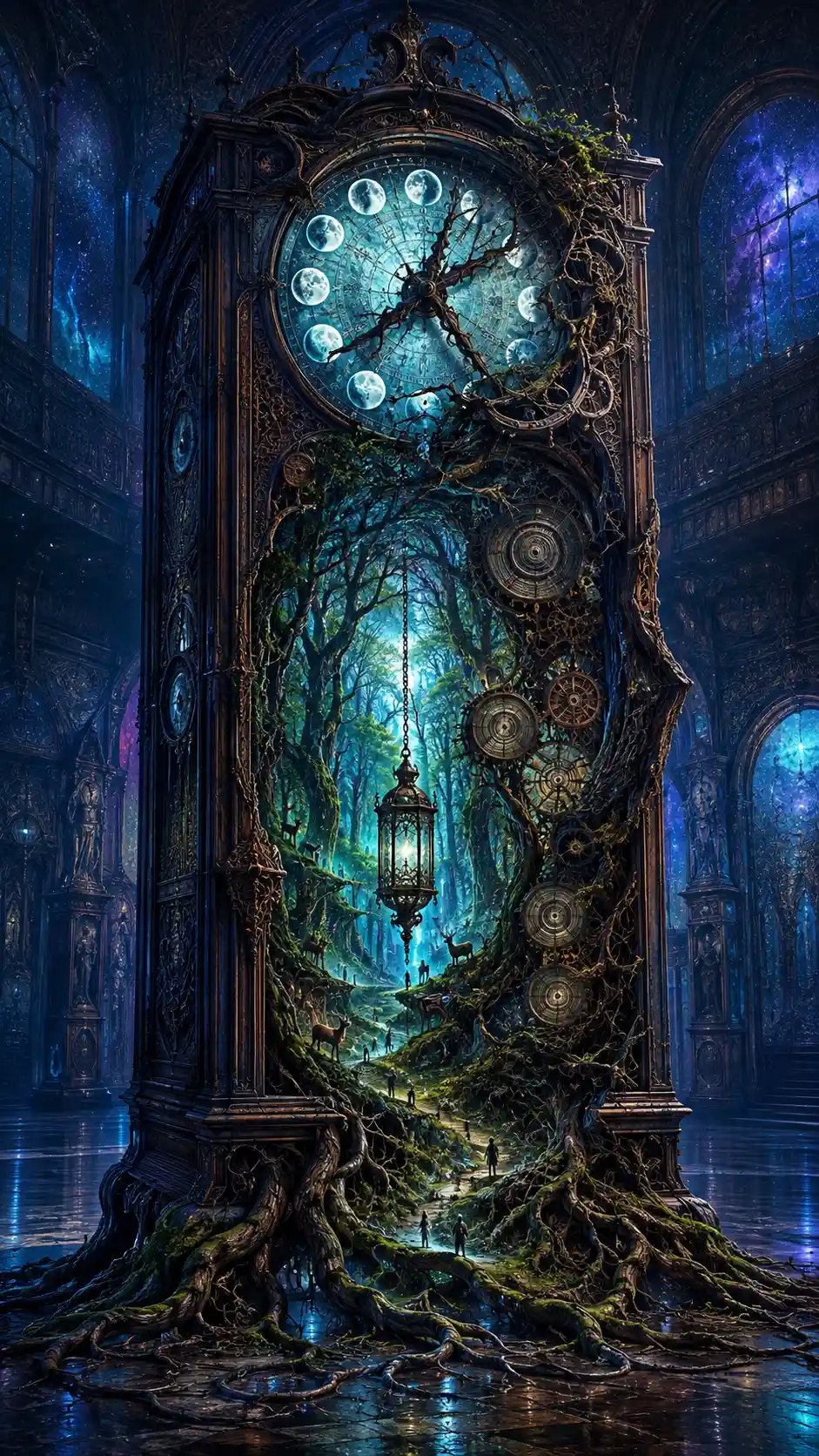 Ancient Grandfather Clock In A Vast Dark Gallery