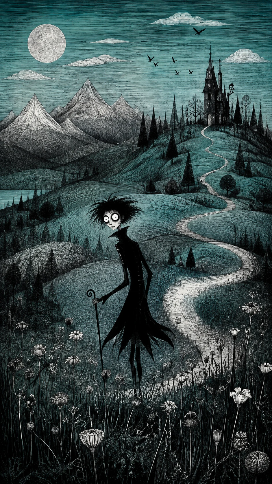 Surreal mountain landscape with a lone mysterious man