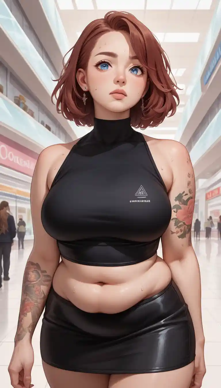 Sultry anime woman in black outfit at indoor mall