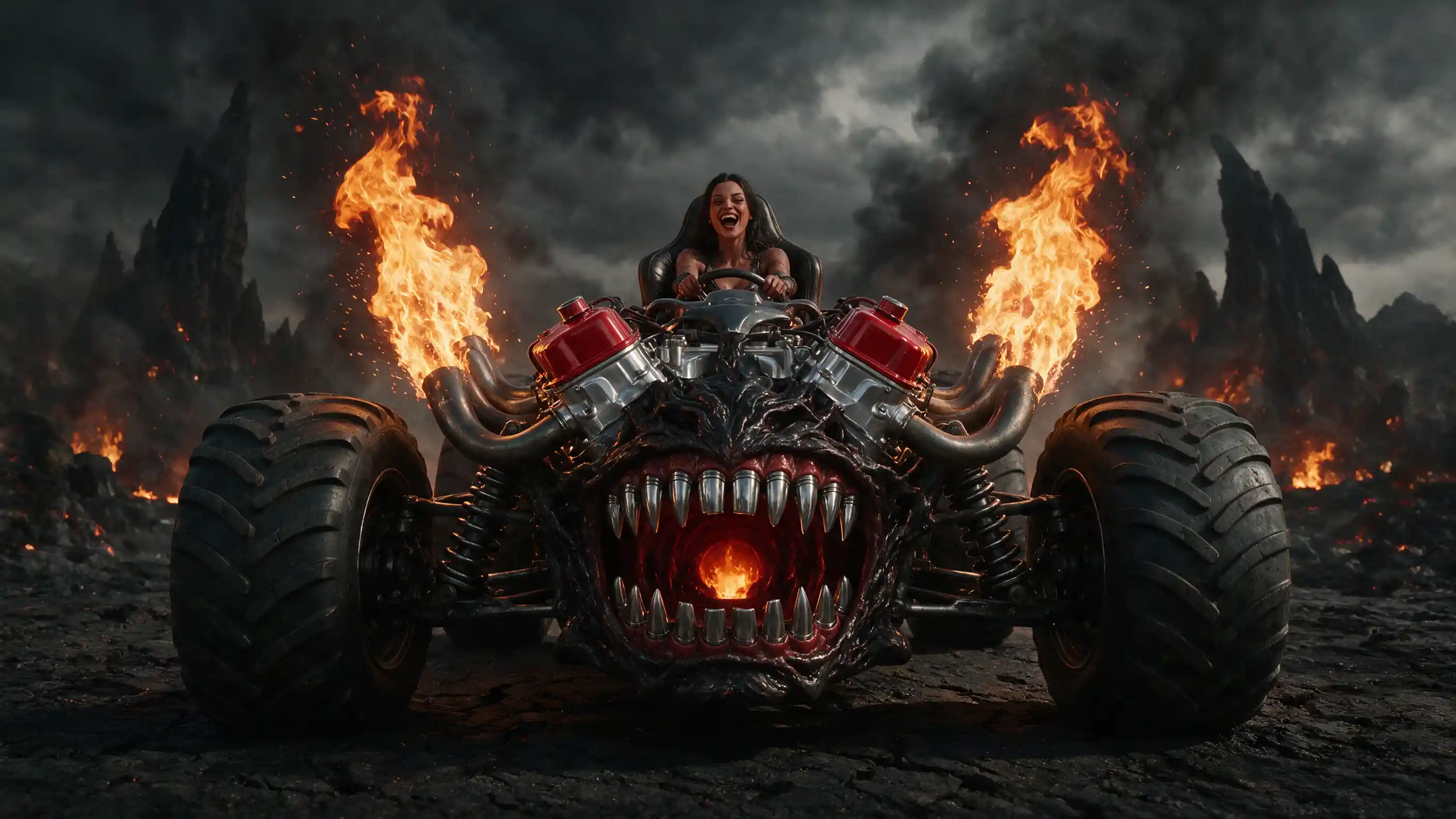 Possessed V8 engine with laughing demon driver