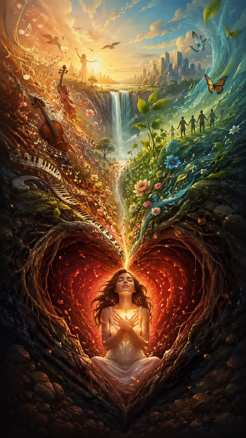 Cuore luminoso e surreale che emerge dalle profondità interiori