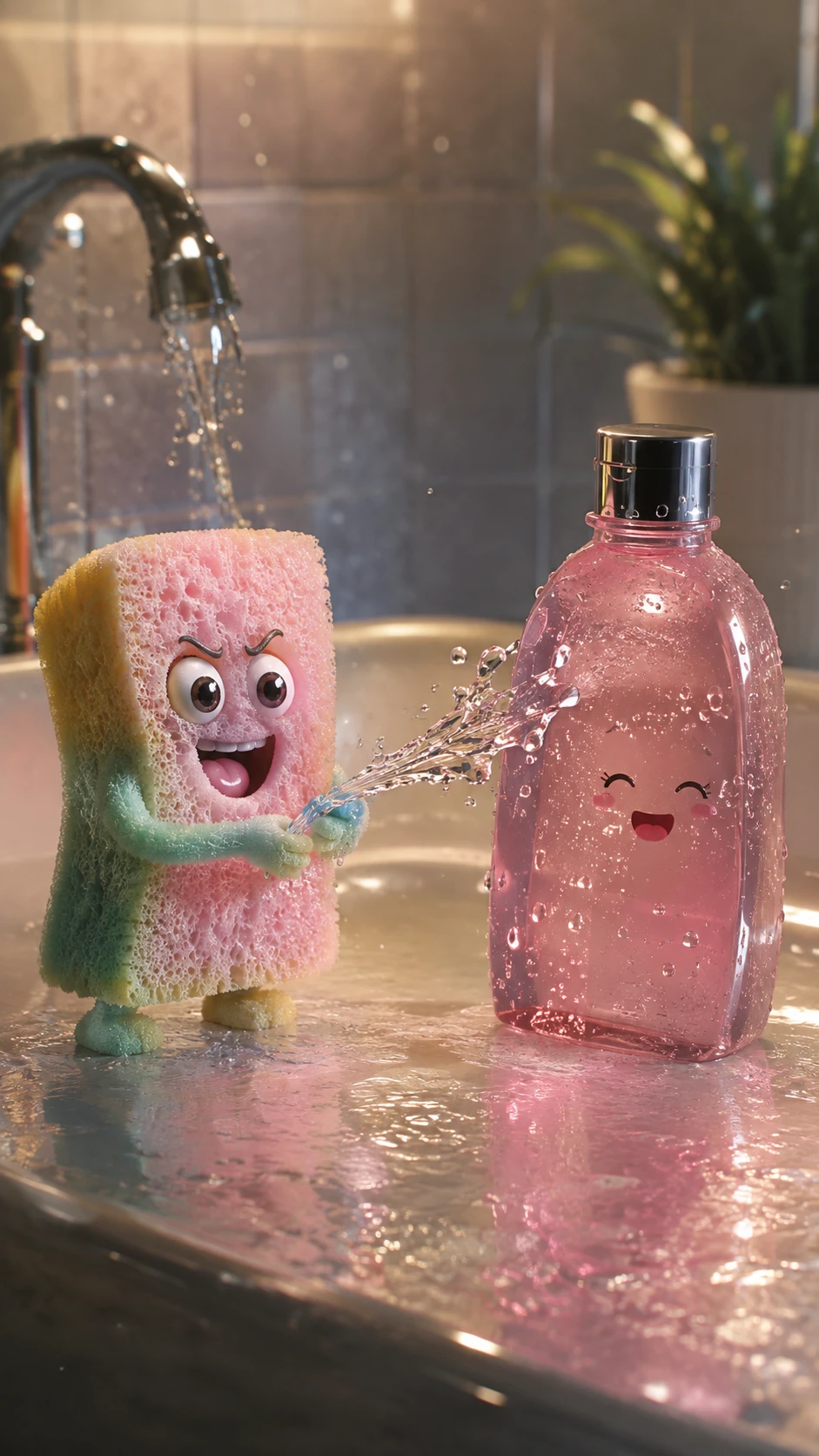 Anthropomorphic pastel sponge and gel bottle in bathroom sink