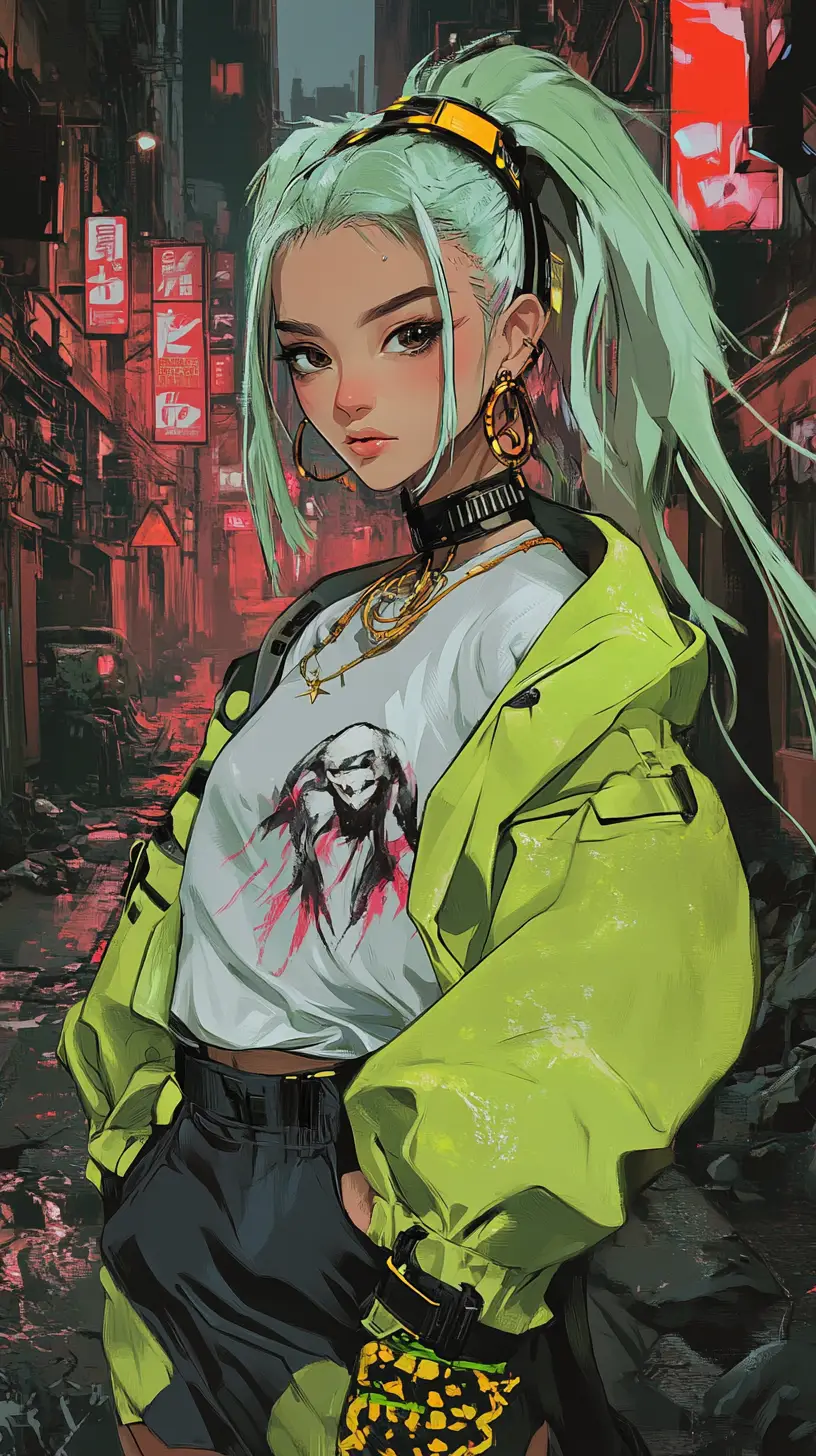 Anime girl in neon outfit walking among fallen swords