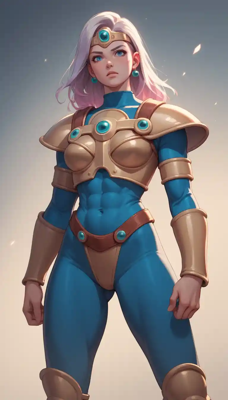 Fearless anime heroine in sleek armored bodysuit pose