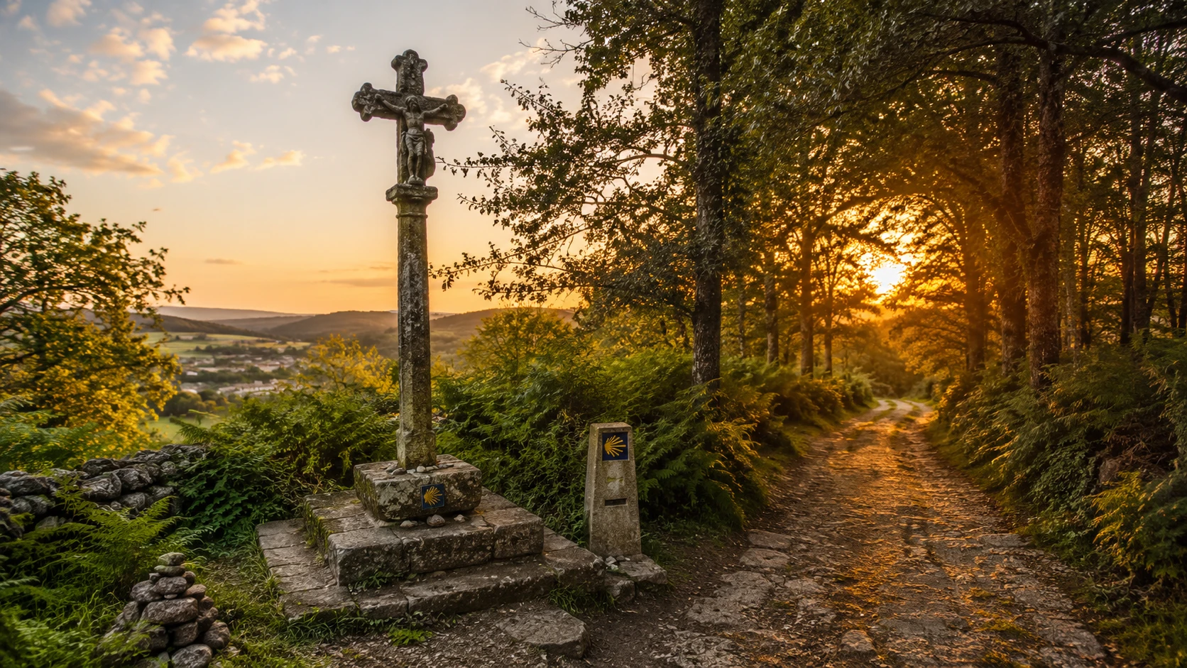 Stone cross beside a forest path at sunset