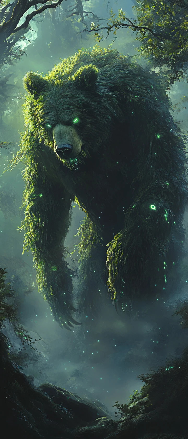 Moss covered bear emerging from an eerie enchanted forest