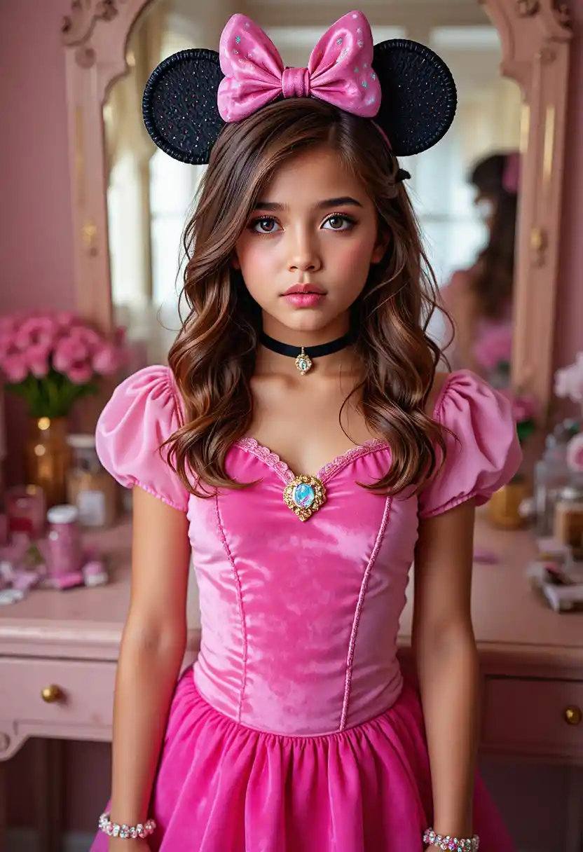 Tween boy in princess costume at bright bedroom vanity