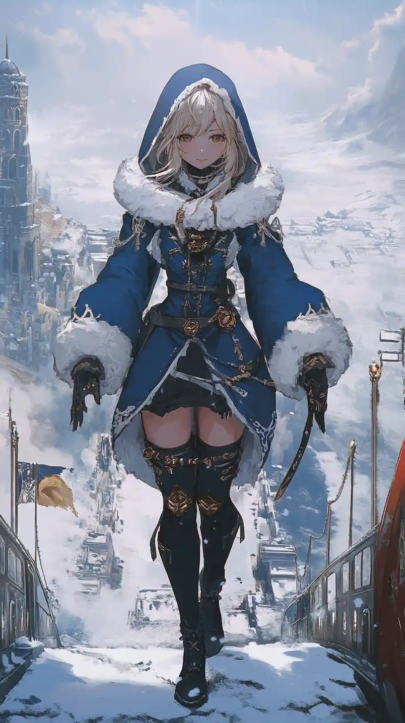 Scarred anime girl in blue coat before a stone temple