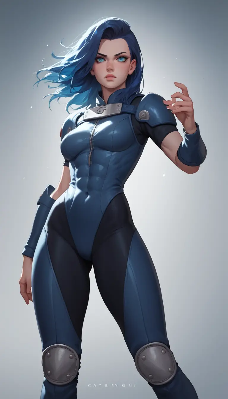 Anime heroine in dark armor with flowing wild blue hair