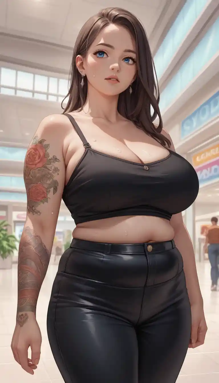 Curvy anime woman in black outfit at a mall