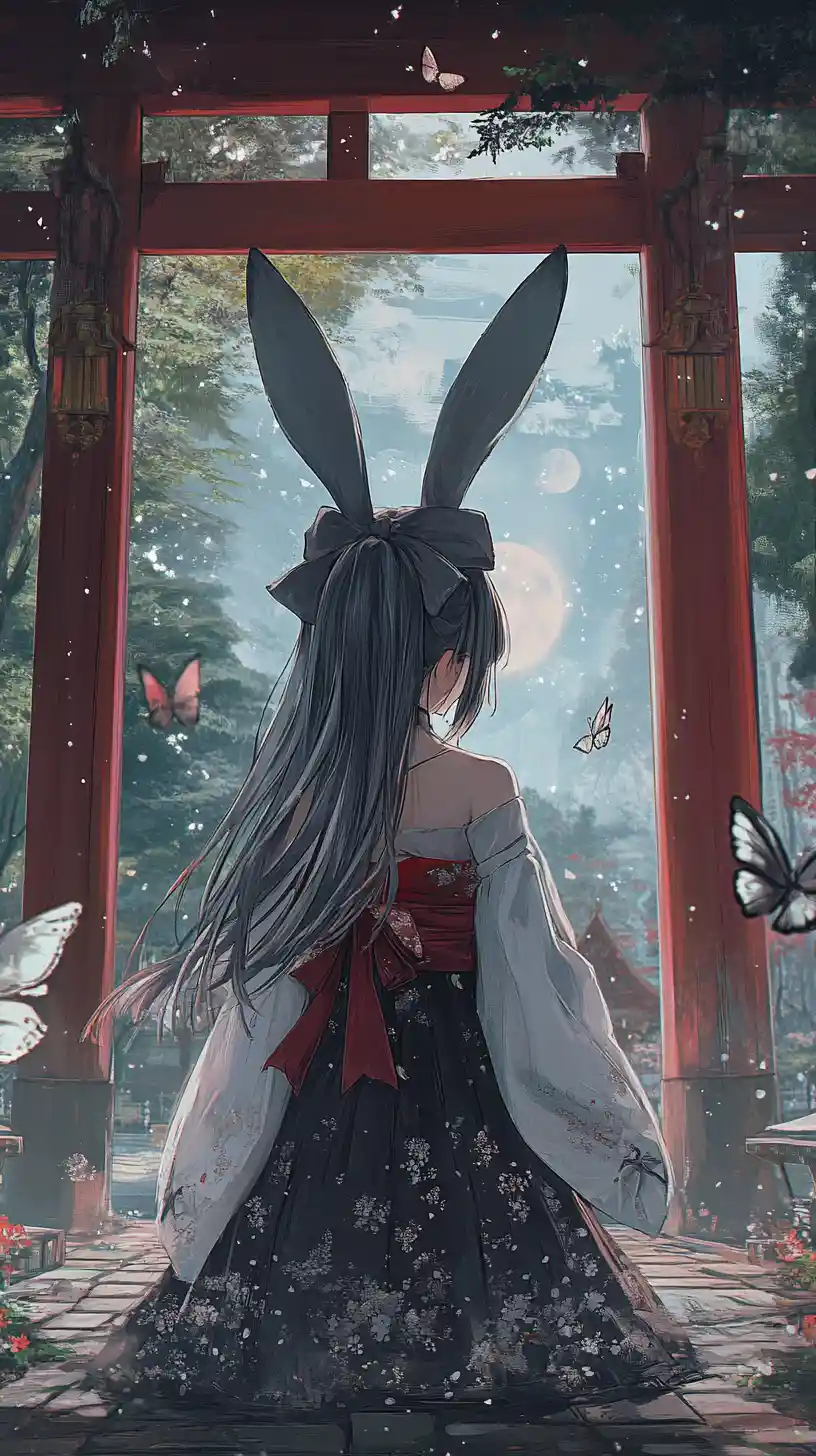 Anime girl on stone path in mystical bamboo forest