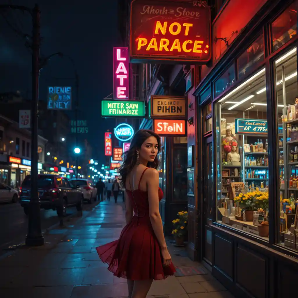Girl under neon signs on a vibrant city street