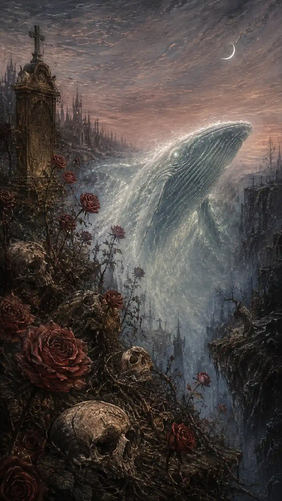 Graveyard Roses And A Glowing Spectral Whale At Twilight