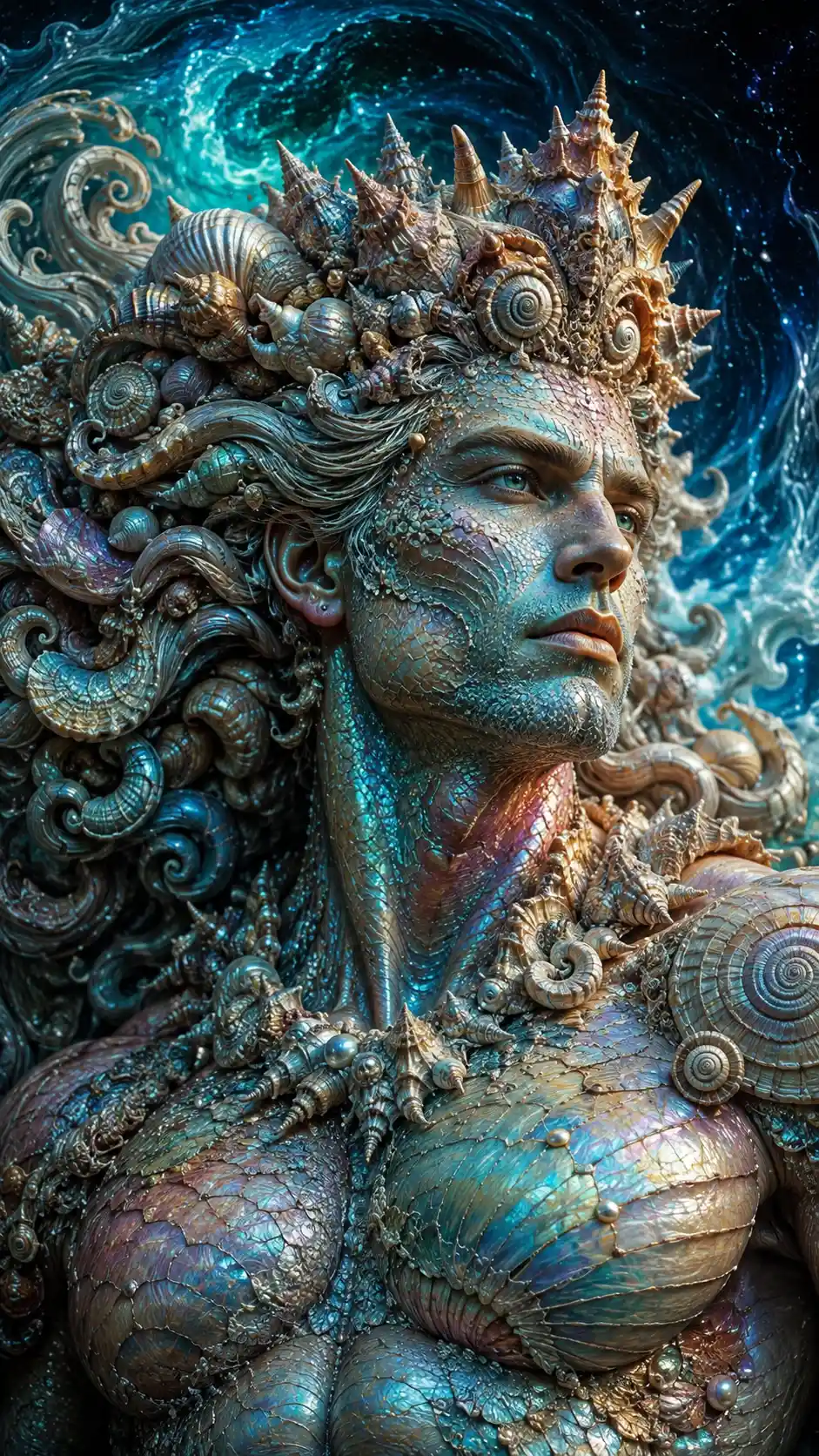 Surreal Portrait Of A Powerful Seashell Mermaid King