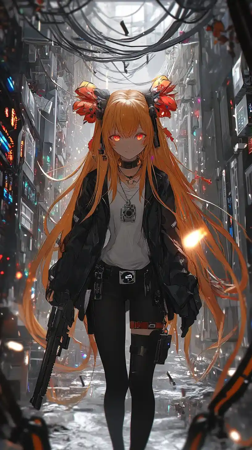 Armed anime girl walking through a dark server room