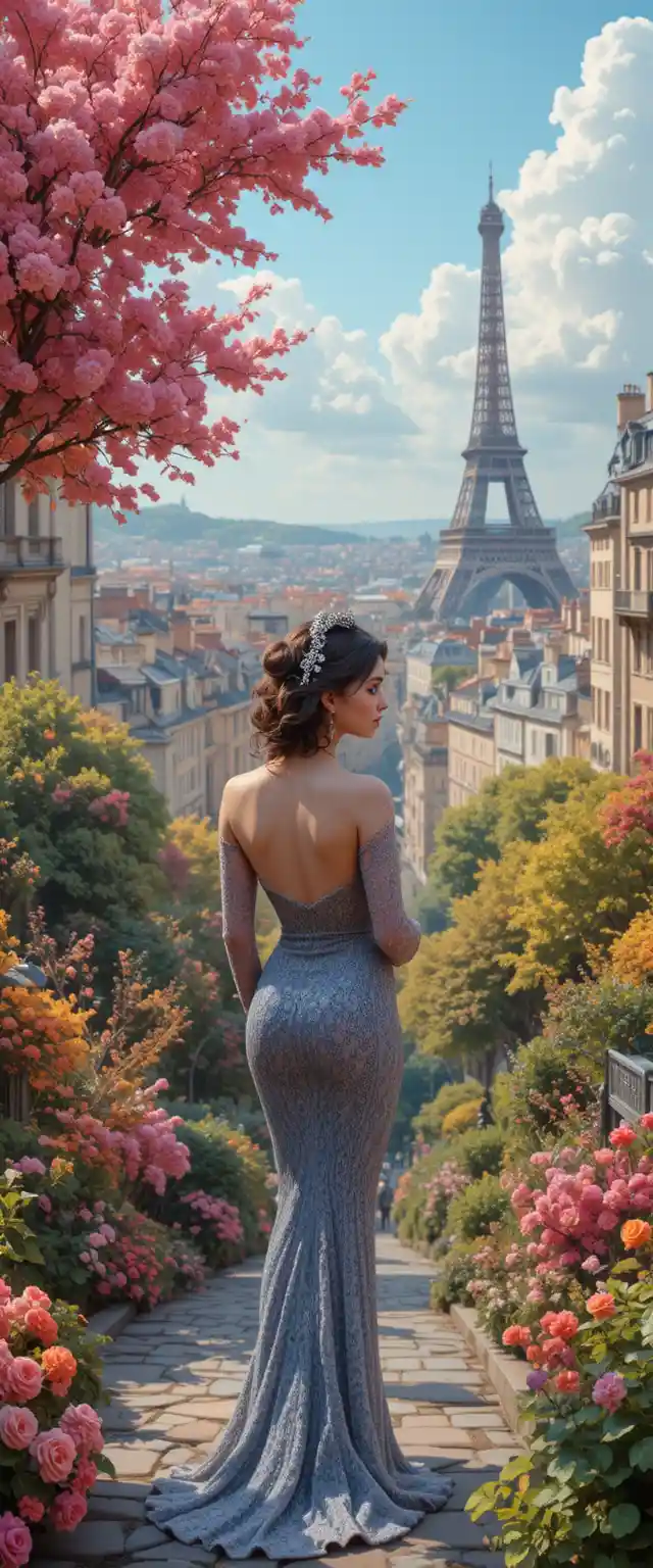 Curvy woman in close up with her cat over Paris