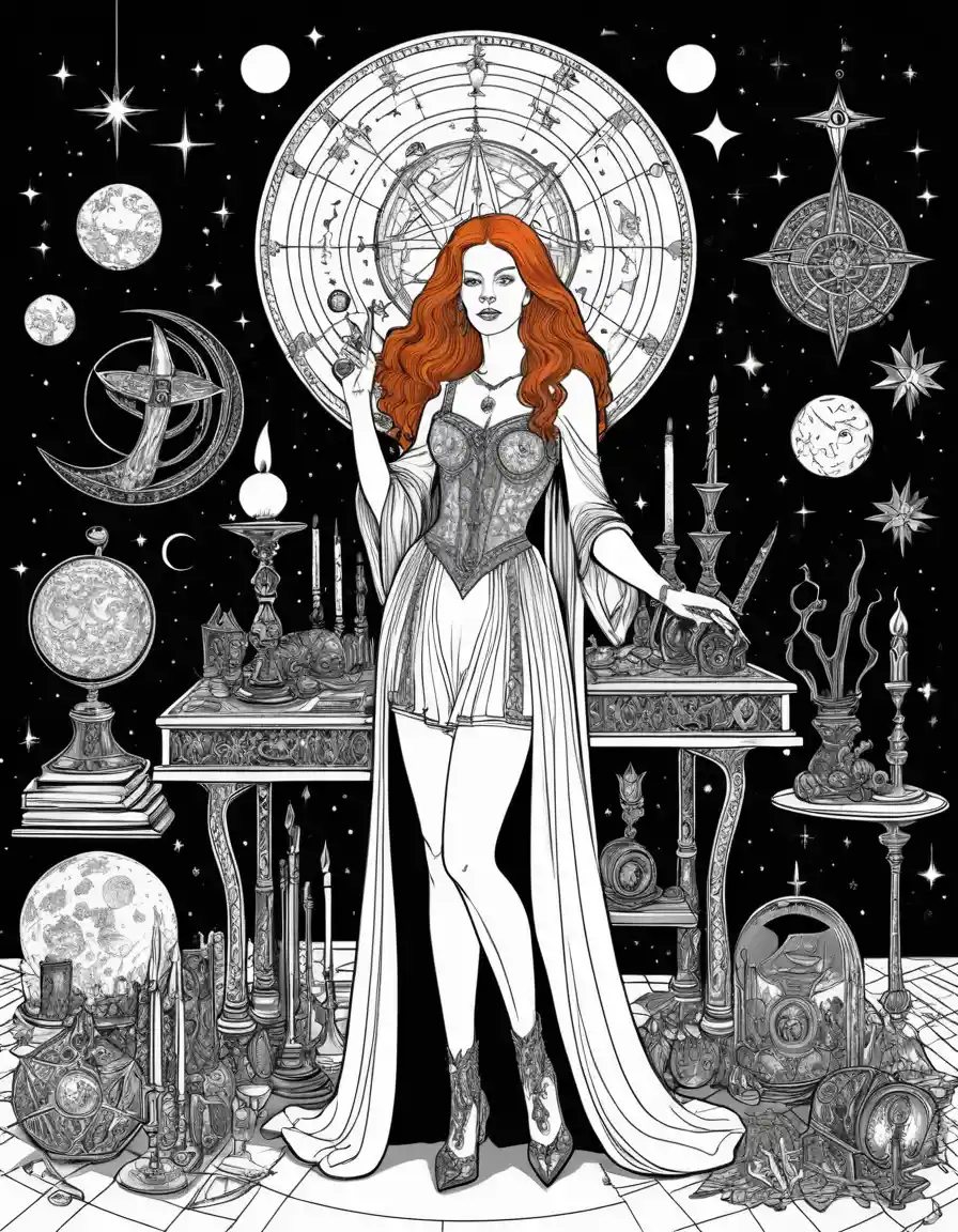 Red haired sorceress in a lavish astronomy magic chamber