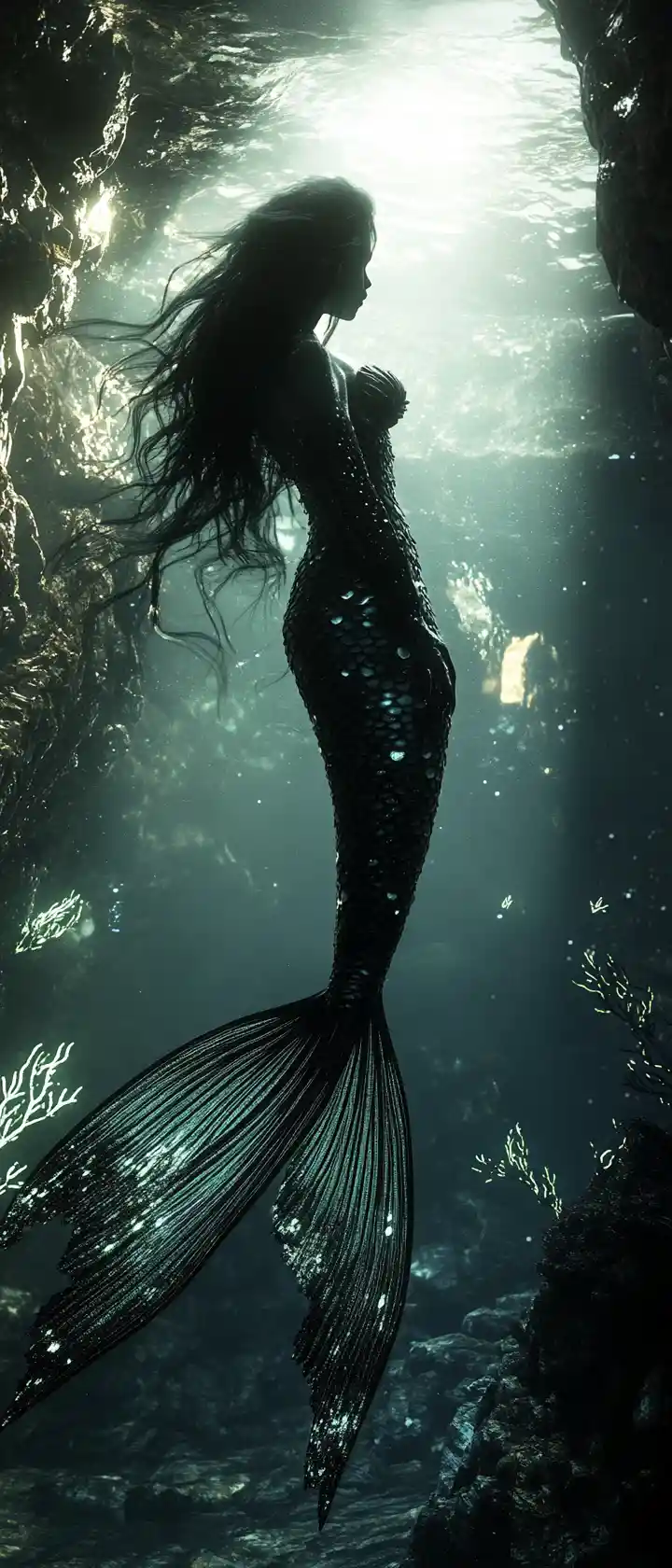 Sirena malinconica alla deriva in una oscura fossa abissale