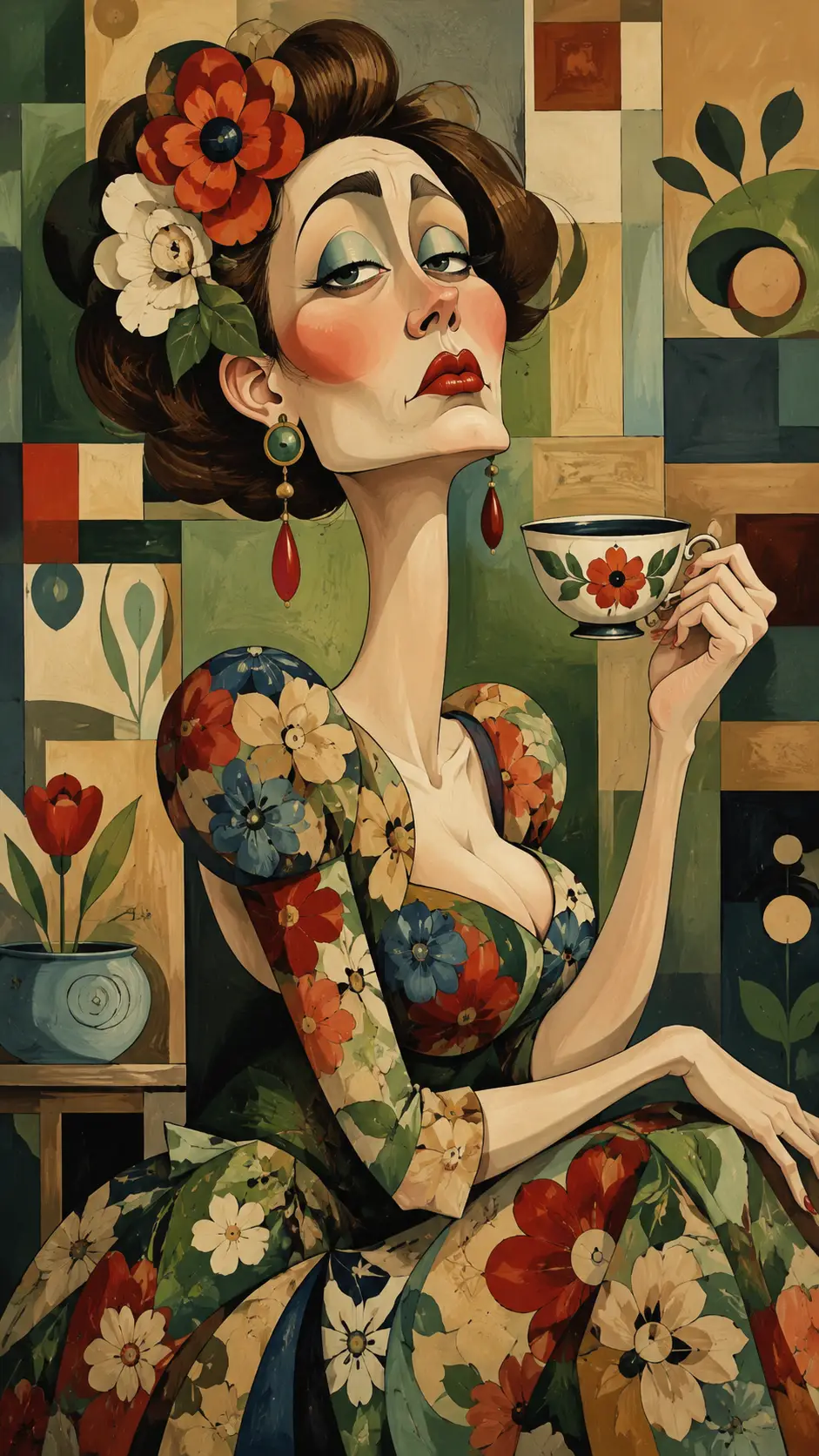 Satirical decorative illustration of a woman in a floral dress