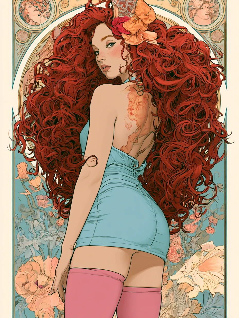 Mujer elegante pelirroja con estilo rococó en tonos pastel