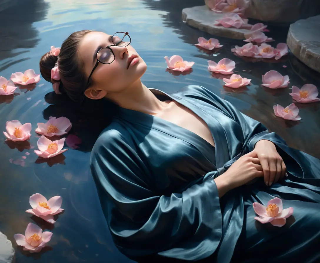 Woman relaxing in steamy marble hot spring with rose petals