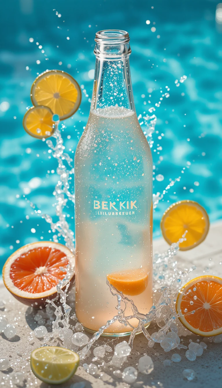Tropical drink bottle by turquoise swimming pool with splashing water
